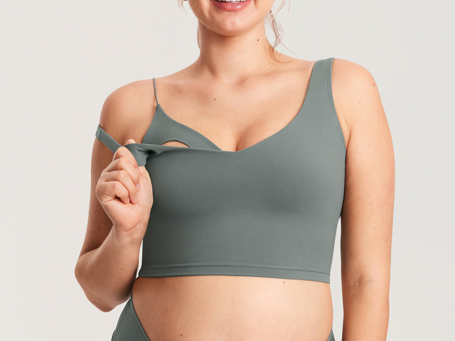 Women's V Neck Nursing Crop Tank Top Grey Sage @model_info:MOM