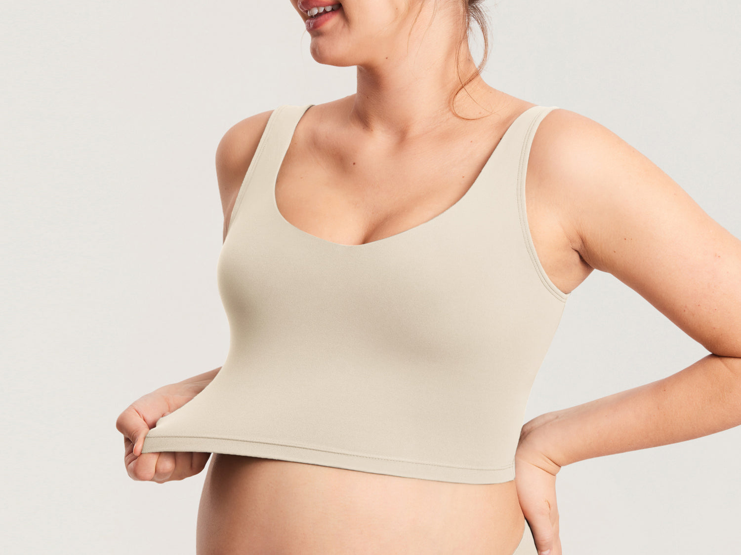 Women's V Neck Nursing Crop Tank Top Mojave Tan @model_info:MOM2