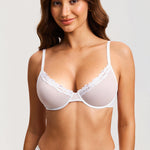 DOBREVA Mesh Sheer Demi Underwire Unlined Balconette Bra With Lace Trim White