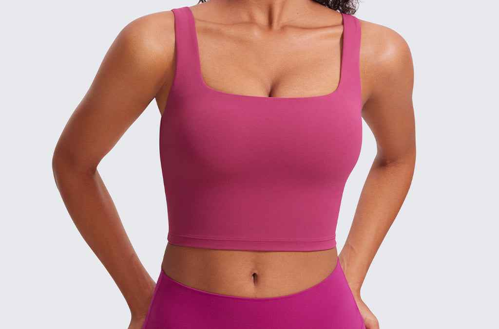 CRZ YOGA Women's Square Neck Longline Sports Bra Deep Red