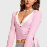 Women's V-Neck Cross Ballet Wrap Top Milk Pink