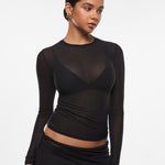 INLYRIC Women's Cosnufy® Mesh Sheer Long Sleeve Top Black