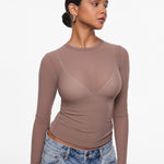 INLYRIC Women's Cosnufy® Mesh Sheer Long Sleeve Top Hazelnut