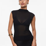 INLYRIC Cosnufy® Sheer Mesh Mock Neck Tank Top Hazelnut