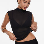 INLYRIC Cosnufy® Sheer Mesh Mock Neck Tank Top Hazelnut