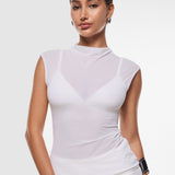 INLYRIC Cosnufy® Sheer Mesh Mock Neck Tank Top Hazelnut