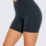 CRZ YOGA Women's High Rise Butterluxe V Cross Waist Biker Shorts 5'' Black