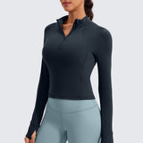 CRZ YOGA Women's Half Zip Long Sleeve Cropped Top True Navy